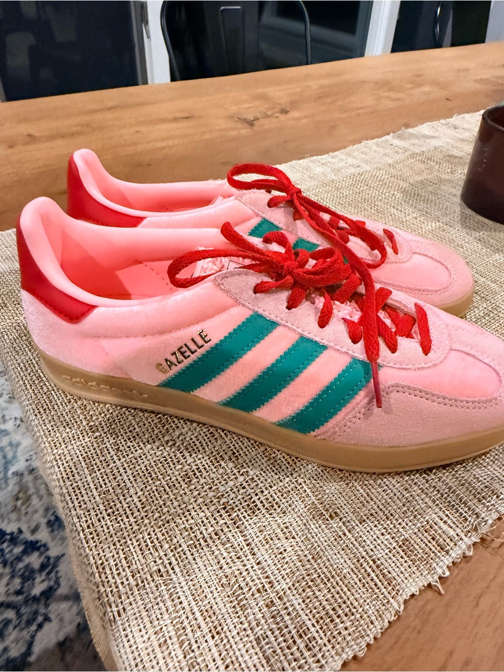 adidas Gazelle Pink Sneakers with Teal Stripes and Red Laces